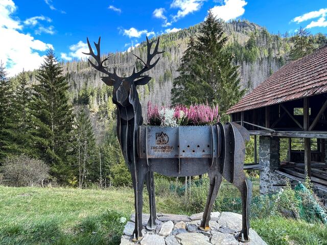 Il cervo-barbecue nel giardino con i fiori e le montagne sullo sfondo
