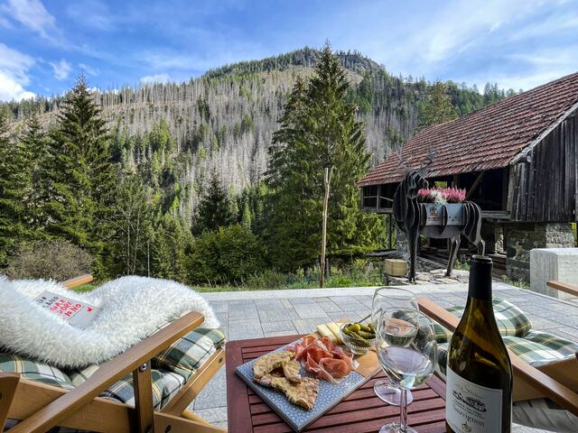 Aperitivo in terrazza con tagliere e vino, vista sul bosco e sul vecchio fienile